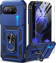 Taisairu for Google Pixel 9A Case with Screen Protector & Slide Camera Lens Cover,Built-in 360°Rotate Magnetic Ring Stand Shockproof Protective Phone Case for Google Pixel 9A Case (Blue)