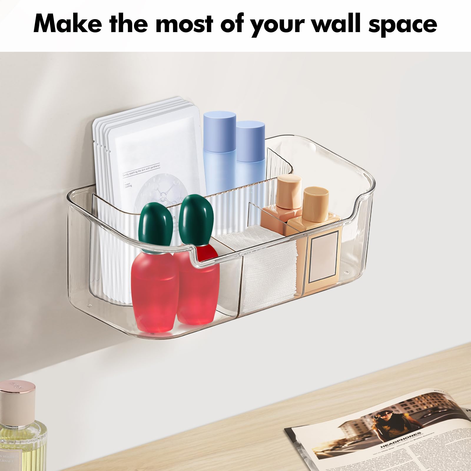 Poeland Wall Mounted Storage Organizer, Hanging Makeup Organizer with 4 Compartments, Clear Storage Box for Bathroom, Bedroom (Transparent)