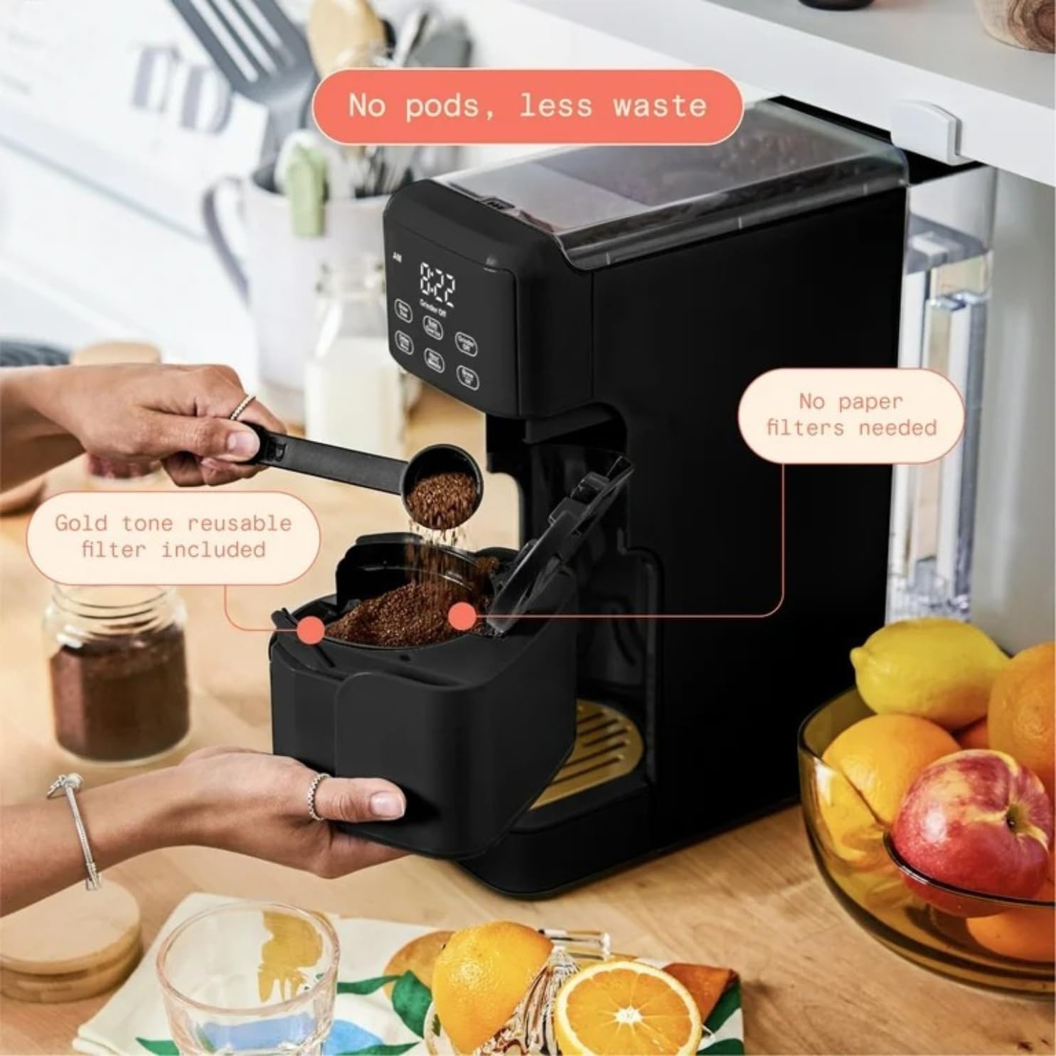 Programmable Single Serve Coffee Maker with Integrated Burr Grinder, Touch Controls, Fresh Custom Brew, Compact Design, Easy to Use