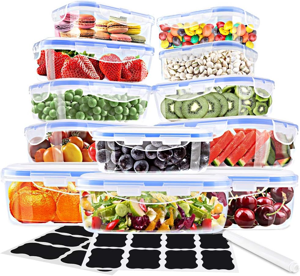 Food Storage Containers with Lids, Ionlyou 12 Pack Plastic Food Containers with Lid, Airtight Leak Proof Snap Lock Bento Boxes, BPA-Free Plastic Containers Set with 16 Chalkboard Labels & Marker Pen: Kitchen & Dining