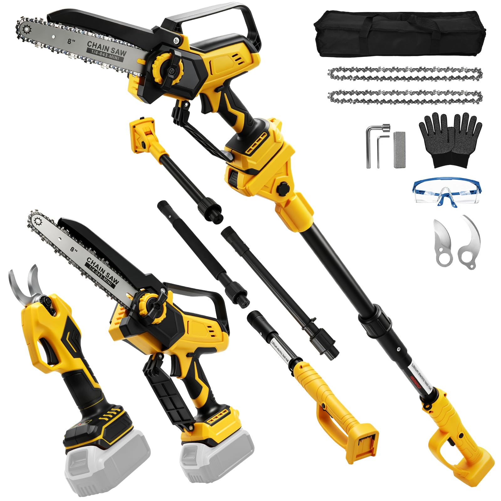 8 Pollici Motosega a Batteria Telescopica & 28 mm Forbici Potatura a Batteria Compatibile con Dewalt 18 V, 20 V, 4-in-1 Kit Motosega e Forbici, Portata Massima Fino a 4,5 m