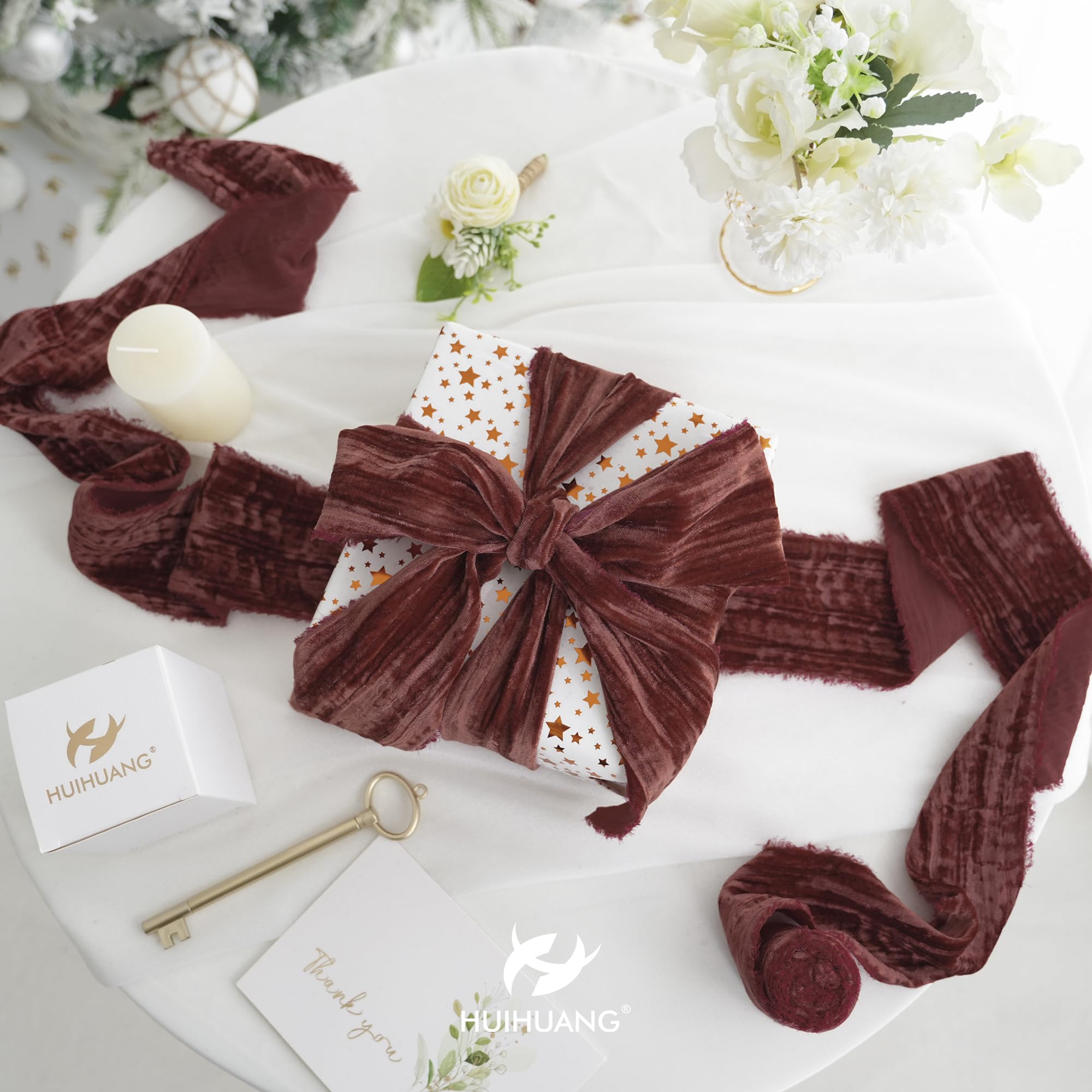 Brown Velvet Ribbon 3 Inch Wide - Frayed Raw Edge, Crinkled, 3 Yards Long For Wreaths, Wedding, Gift Wrapping
