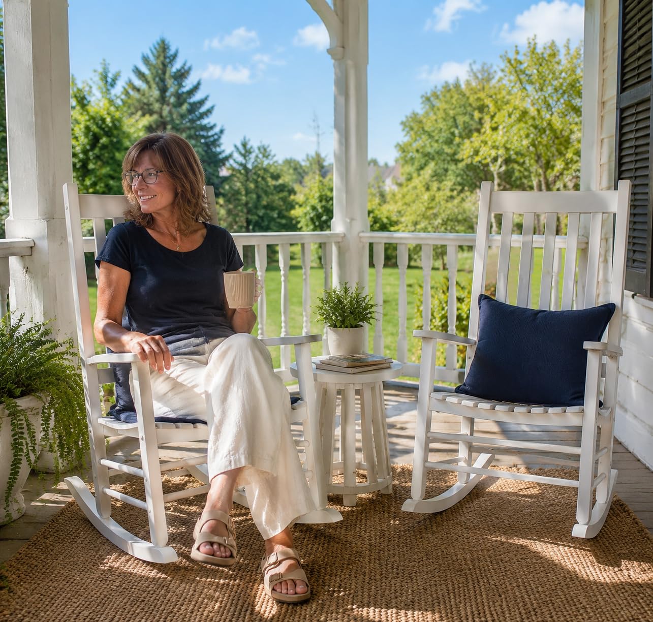 MAMIZO Chaise à bascule d'extérieur en bois avec dossier haut, chaise à bascule d'intérieur surdimensionnée, facile à assembler, pour jardin, pelouse, balcon, véranda (blanc, 1 pièce)