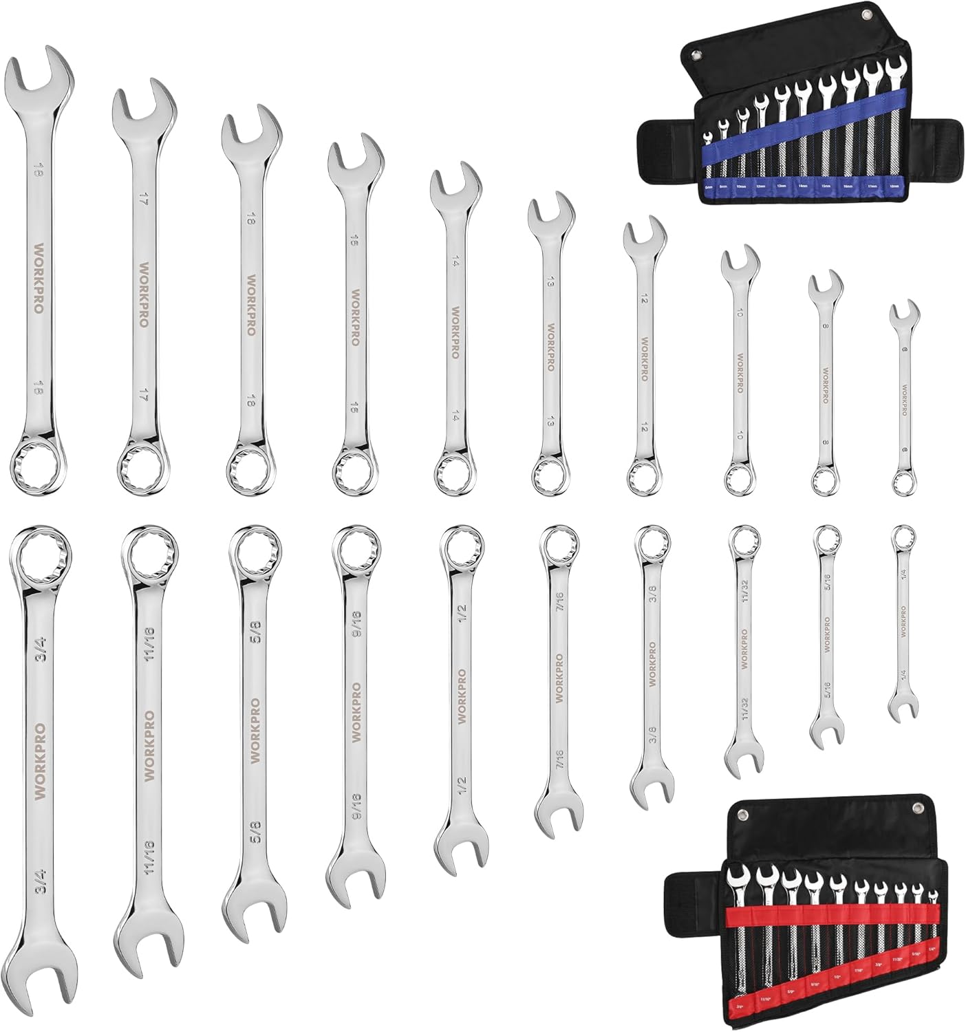 WORKPRO 20-piece Combination Wrench Set, Metric 6-18mm & SAE 1/4”- 3/4”, Cr-V Steel, 12-point Wrenches Set with 2-in-1 Rolling Pouch