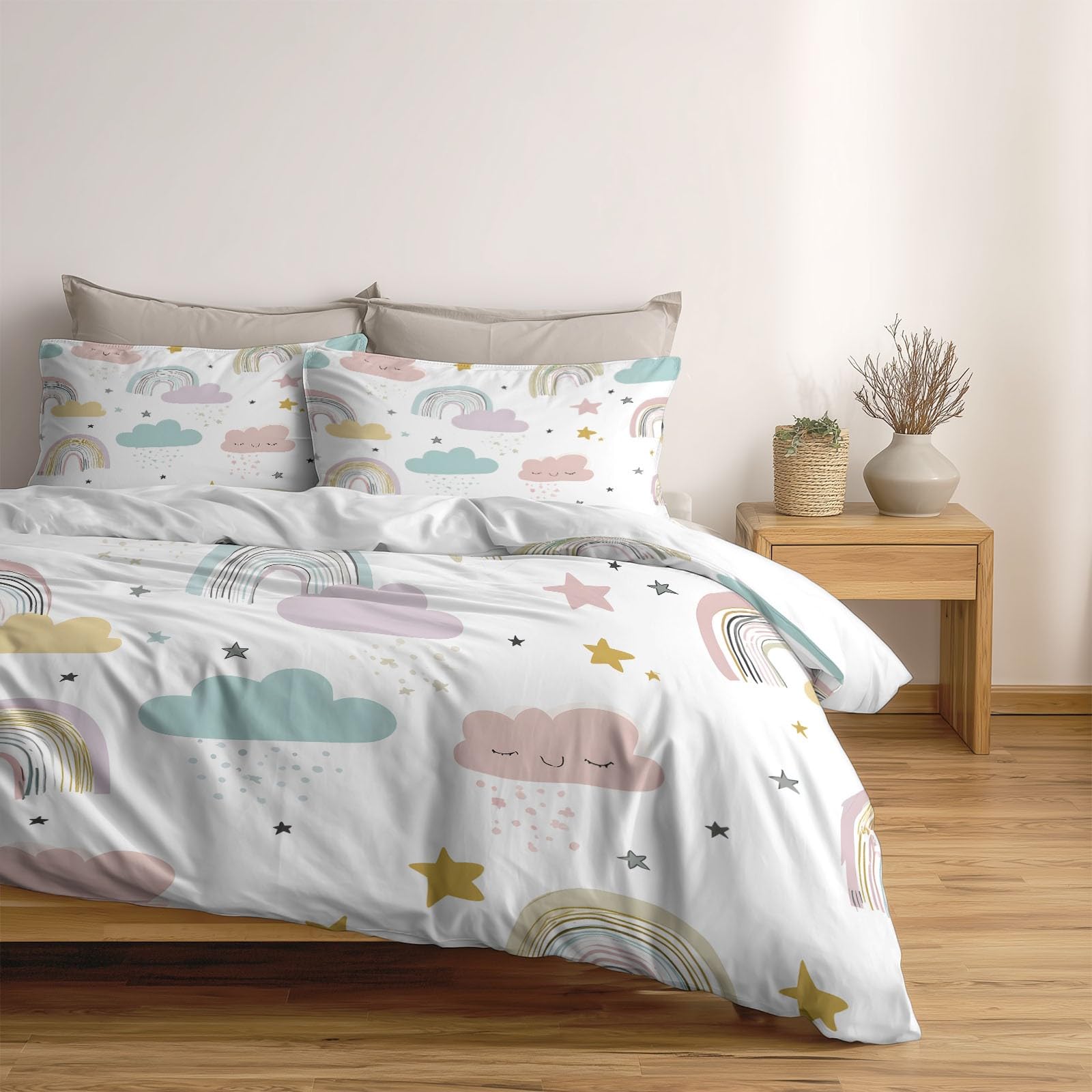 Generisch 3-teiliges Bettwäsche-Set, 1 Bettbezug 240 x 220 cm und 2 Kissenbezüge 80 x 80 cm, Niedlicher Boho Minimal Regenbogen Wolken Sterne Weiche Mikrofaser, Einweihungsgeschenk, Weiß