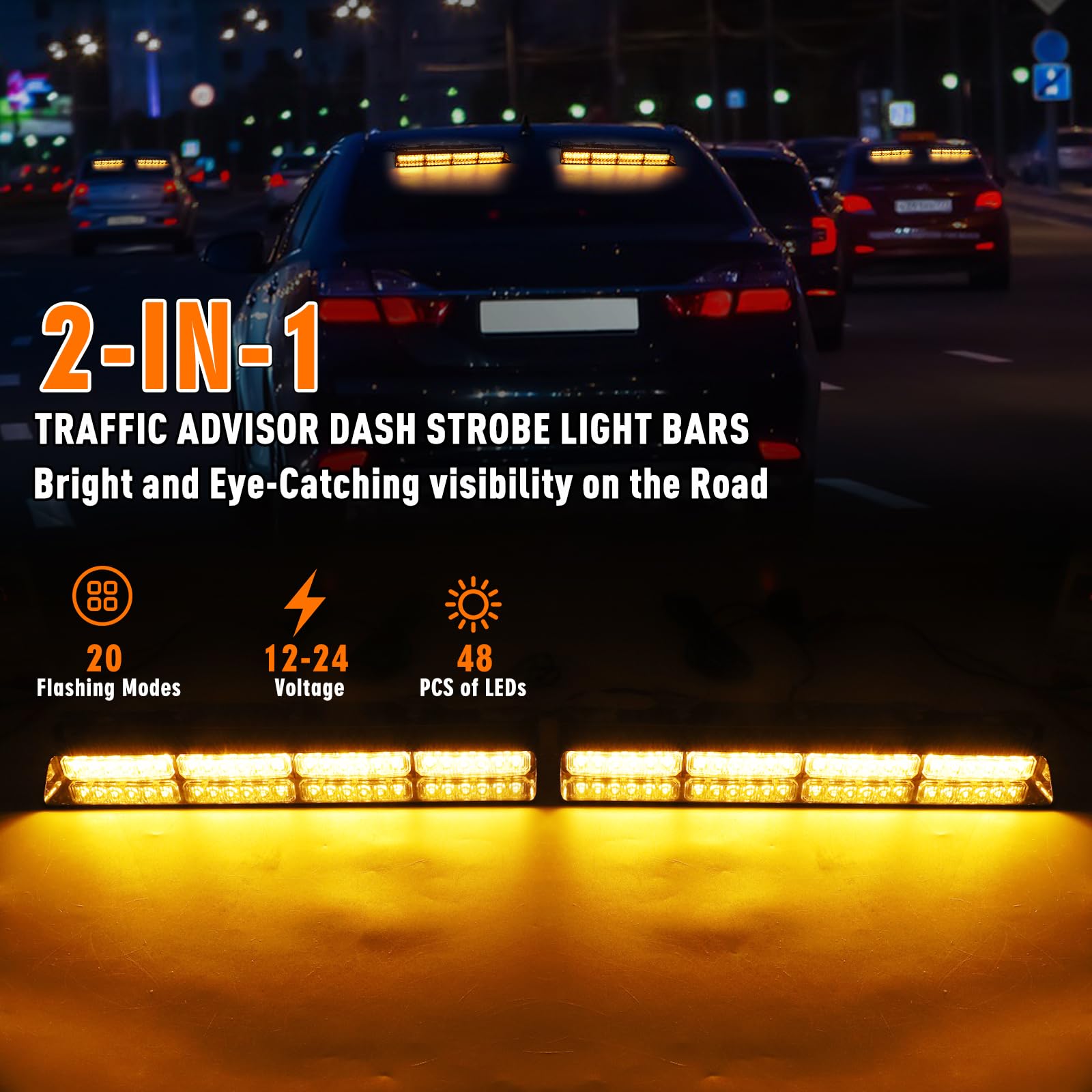 2 luces estroboscópicas LED ámbar de 16.8 pulgadas para parabrisas con ventosas, 2 en 1 LED ámbar de advertencia de tráfico, barras de luz de salpicadero, luces estroboscópicas de emergencia