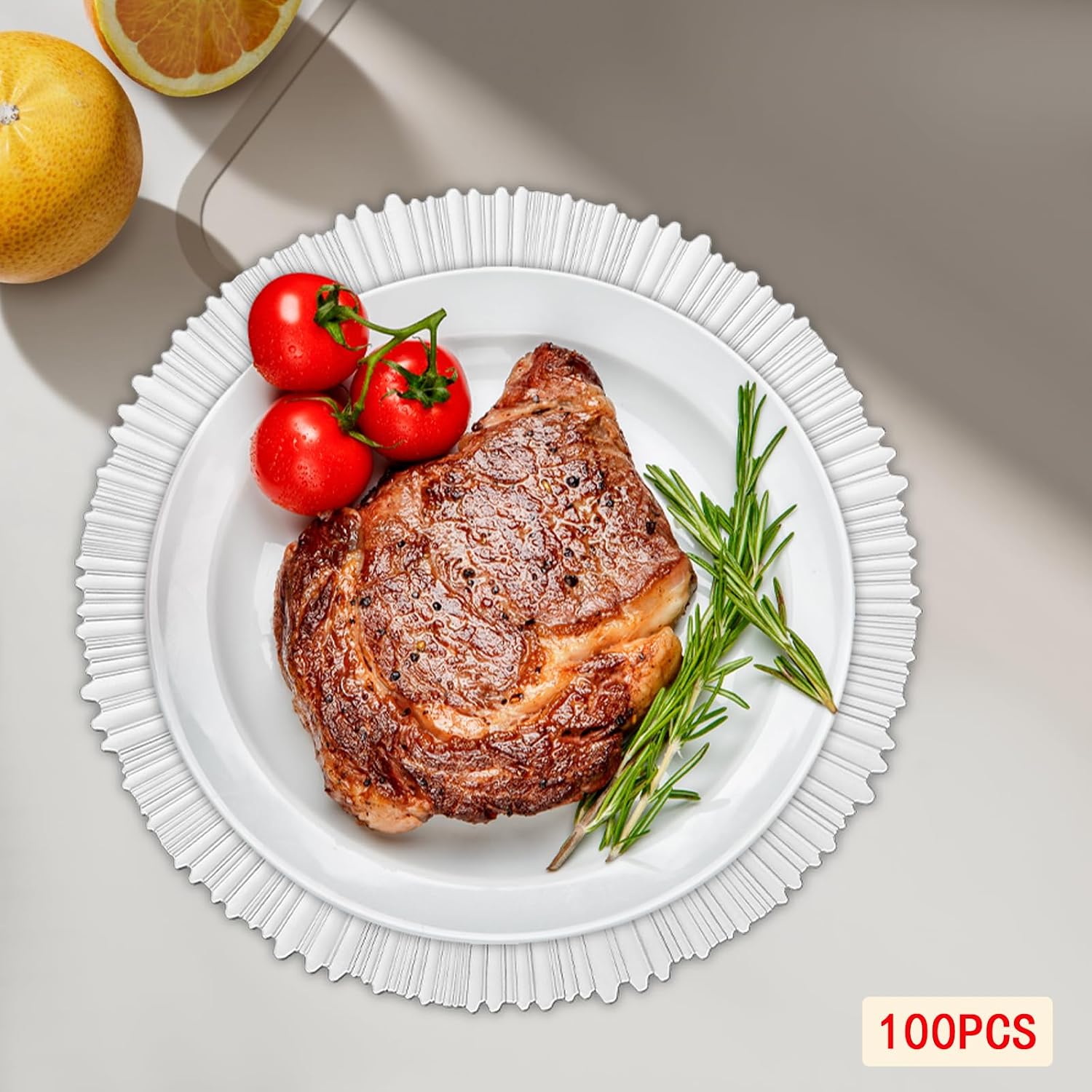 100Pcs Charger Plates 13 Inch Scalloped Elegant Disposable Plastic Dinner Plates for Wedding Party, Banquet, and Home Use (Silver)