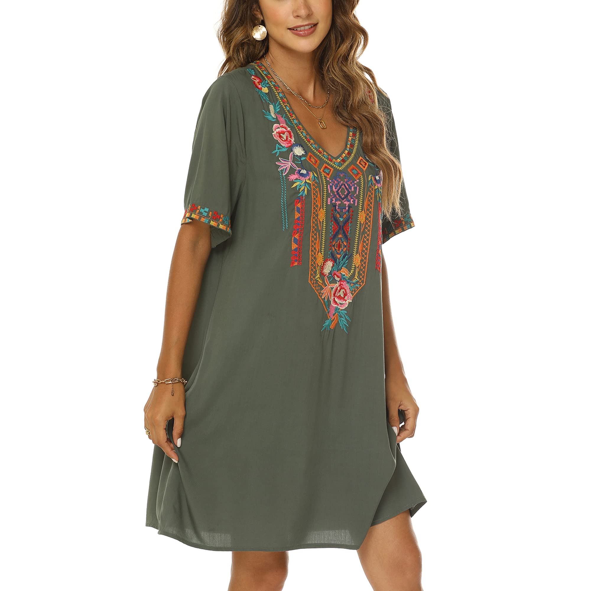 Mujer Verano Boho Mexicano Vestido Campesino Manga Corta Bordado Floral Vestidos Flowy Túnica Suelta Hippie Bohemia