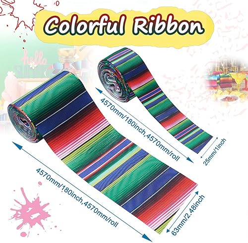 Miniatura 7 de 2 rollos de 2 estilos de cinta de color arcoíris para fiesta, cinta de serape mexicano de 0.984 in y 2.480 in de poliéster a rayas para bricolaje,