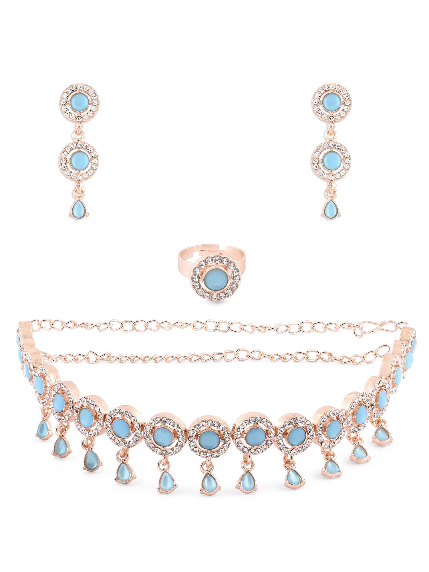 ZAVERI PEARLS Turquoise Blue Dazzling Stones Sleek Choker Necklace Earring & Ring Set For Women-ZPFK15145 (B0BJFF9J9B) Amazon Price History, Amazon Price Tracker