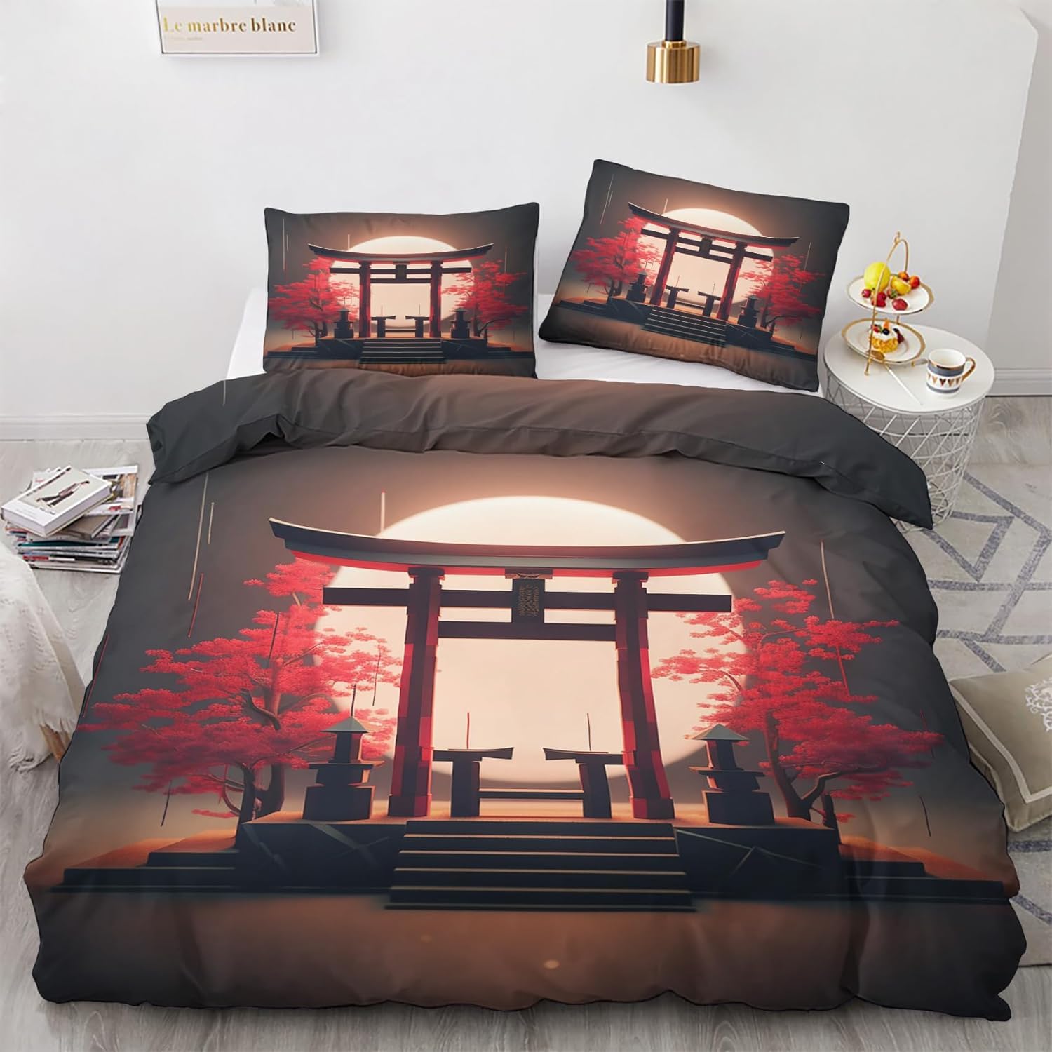 Housse de couette style asiatique 2 personnes anti-plis avec fermeture éclair