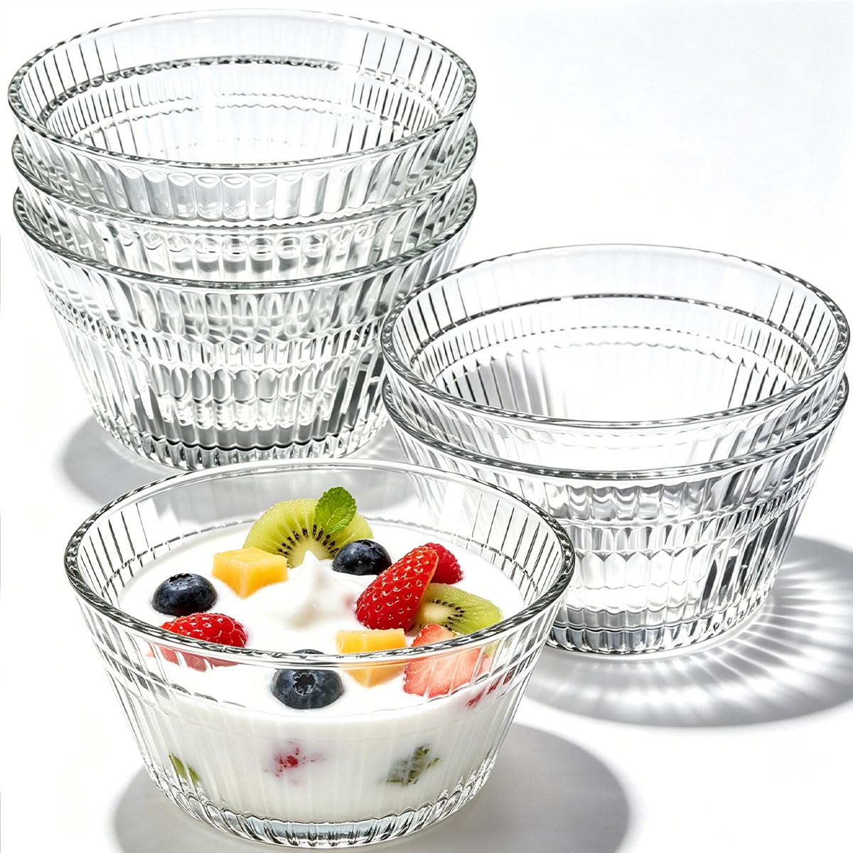 Lot de 6 Bols à Dessert en Verre Cannelé – 320 ml – Empilables Gain de Place – Pour Salade de Fruits, Yaourt, Glace, Apéro – Va au Lave-Vaisselle pour Maison, Mariage, Mère