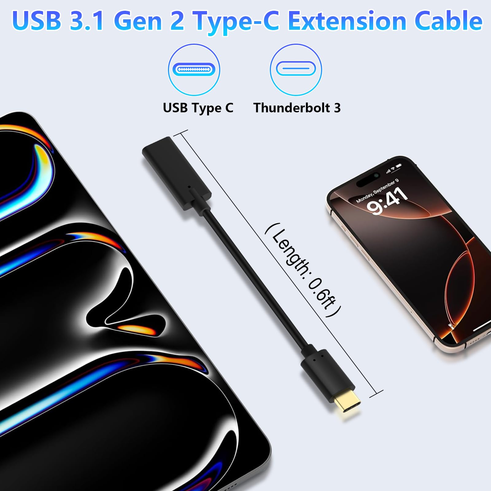 USB-C Verlängerungskabel, 20 cm, USB-C Typ C Stecker auf Buchse, USB 3.1 Verlängerung, kurzes Kabel für Nintendo Switch, MacBook und mehr, Schwarz Typ-C-Buchse auf Stecker.