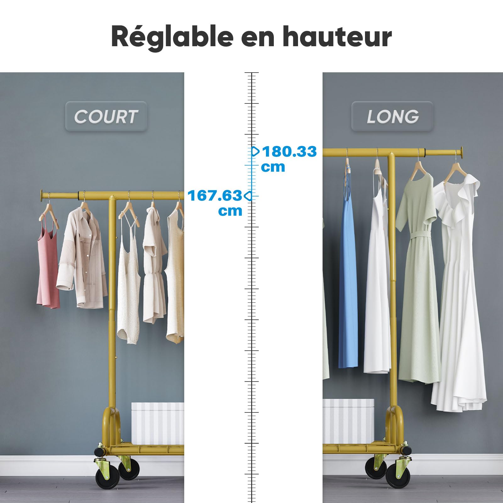 HOKEEPER Portant à vêtements avec étagères, capacité de 200 kg, sur roues, doré