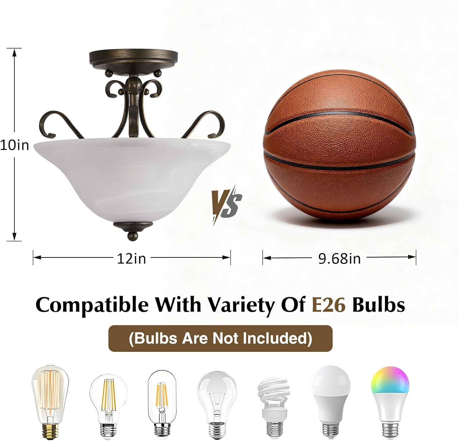 Luvkczc Upgrade Semi Flush Mount Ceiling Light,Brass Ceiling Light Fixture, Mid Century Ceiling Light, Glass Close to Ceiling Light for Bedroom Kitchen Porch Hallway, Bulbs Not Included