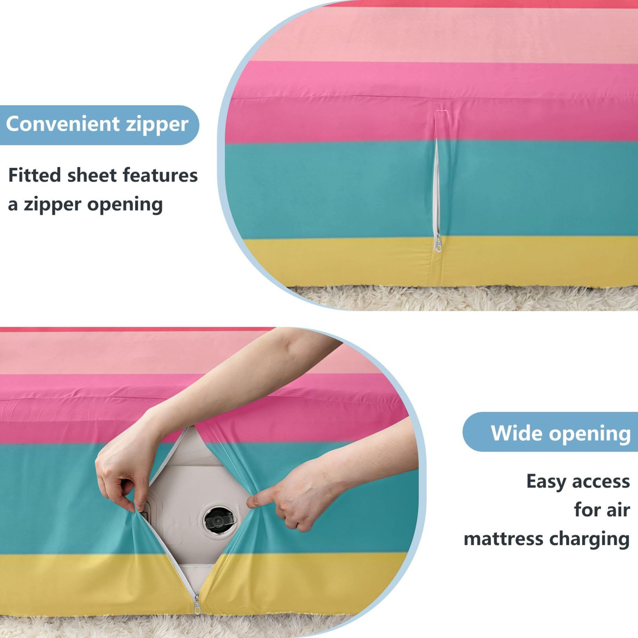 Sábana bajera ajustable tamaño individual con rayas arcoíris para colchón de aire, bolsillo extra profundo de 24 pulgadas, funda suave y transpirable con apertura de válvula de cremallera