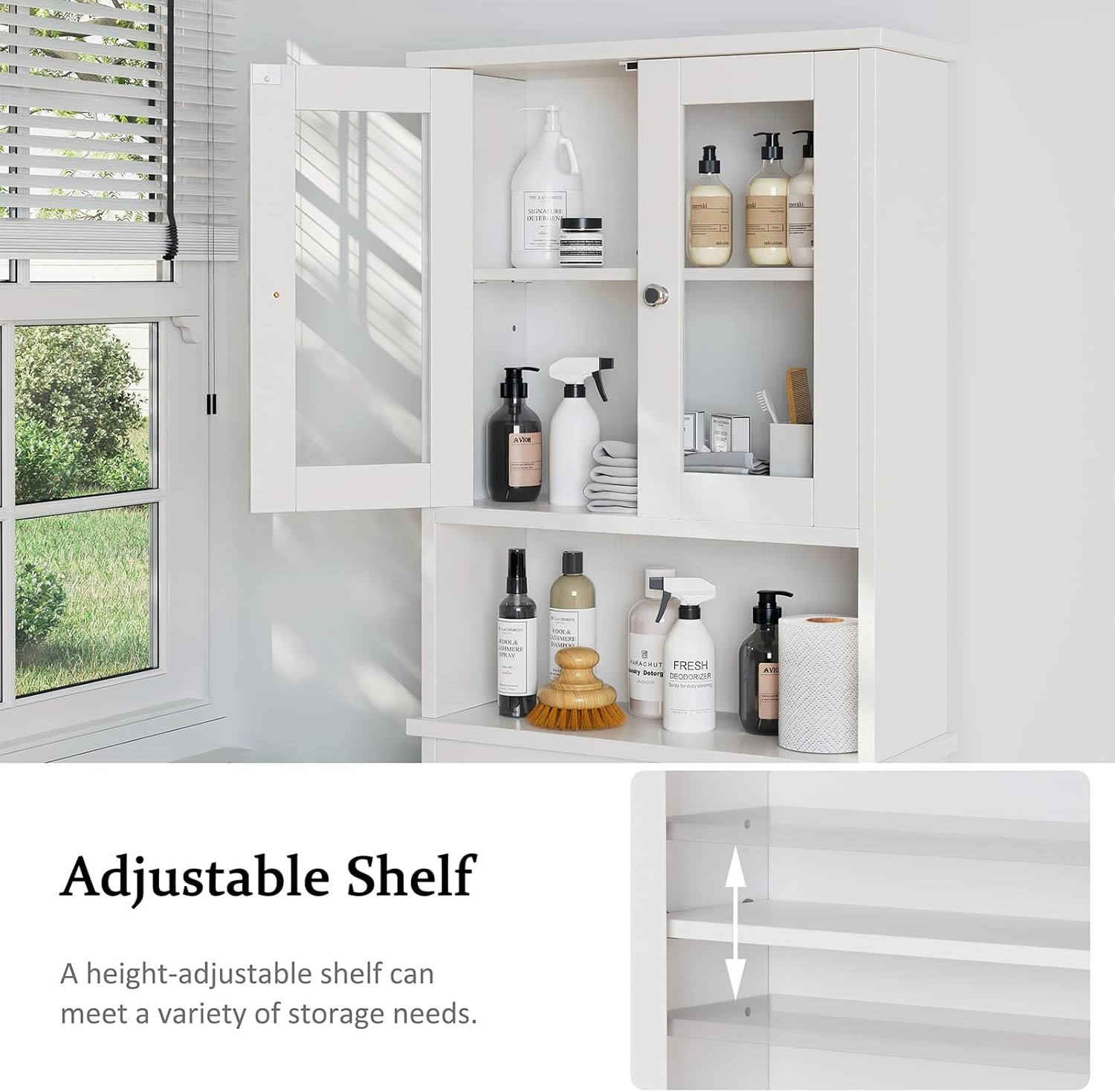 Meilocar Over The Toilet Storage Cabinet for Bathroom, Storage Organizer Over Toilet, Space Saver with Tempered Glass Doors, White