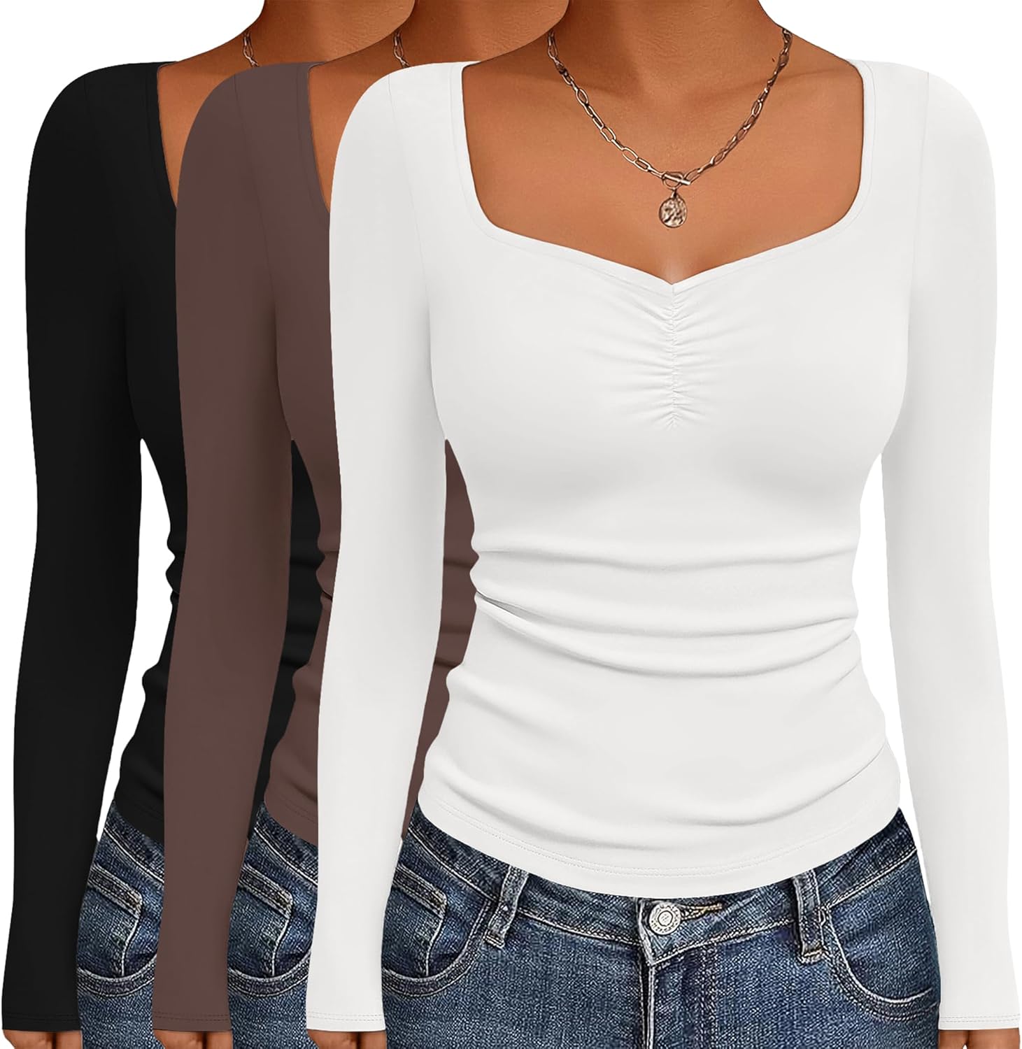 Ekouaer 3 Packs Womens Long Sleeve Tops Sweetheart Neck Fitted Shirts Basic Layering Tee Soft Undershirts Fall Outfits