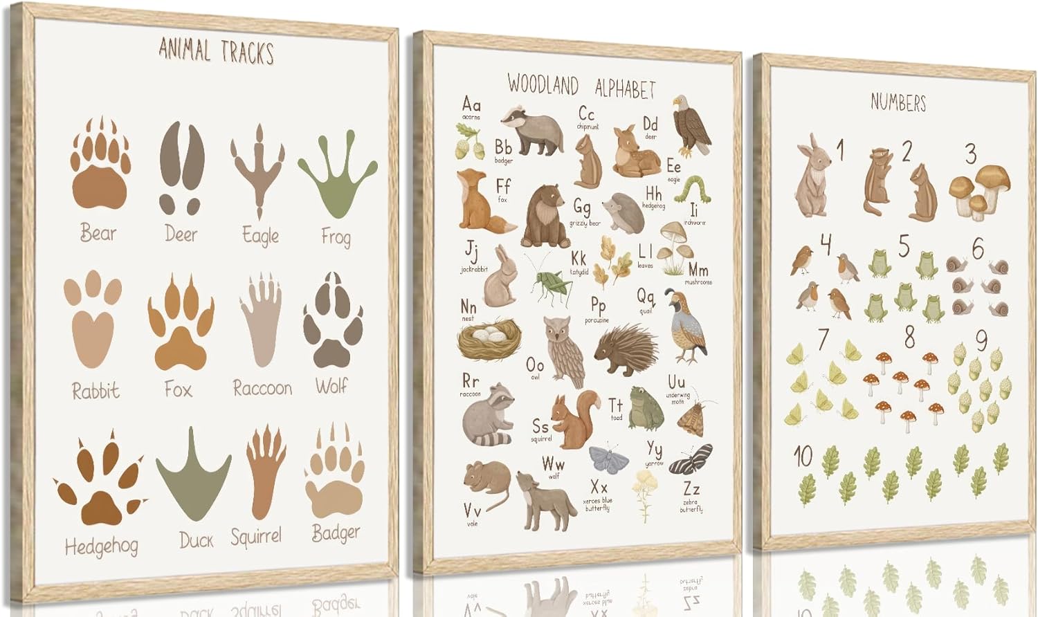 Animal Tracks Wall Art Woodland Animals ABC Wall Decor Alphabet Numbers Educational Posters Prints Nursery Pictures Toddler Learning Paintings Artwork for Classroom Kids Home Decoration