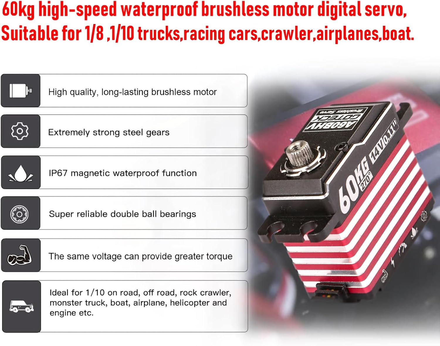 GOTECK 60KG Brushless Digital Servo,High Voltage 14V Full Metal Gear Waterproof Steering Servo with 25T Servo Horn for 1/8 1/10 Scale RC Cars,RC Crawler,Trucks,Boat,Robot Parts (A60BHV-270°)