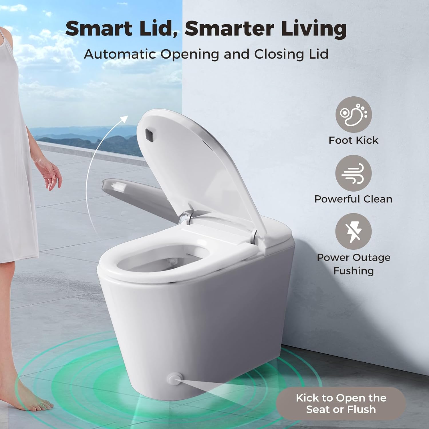 Smart toilet lid automatically opening as a person approaches, with icons for foot kick, powerful clean, and power outage flushing