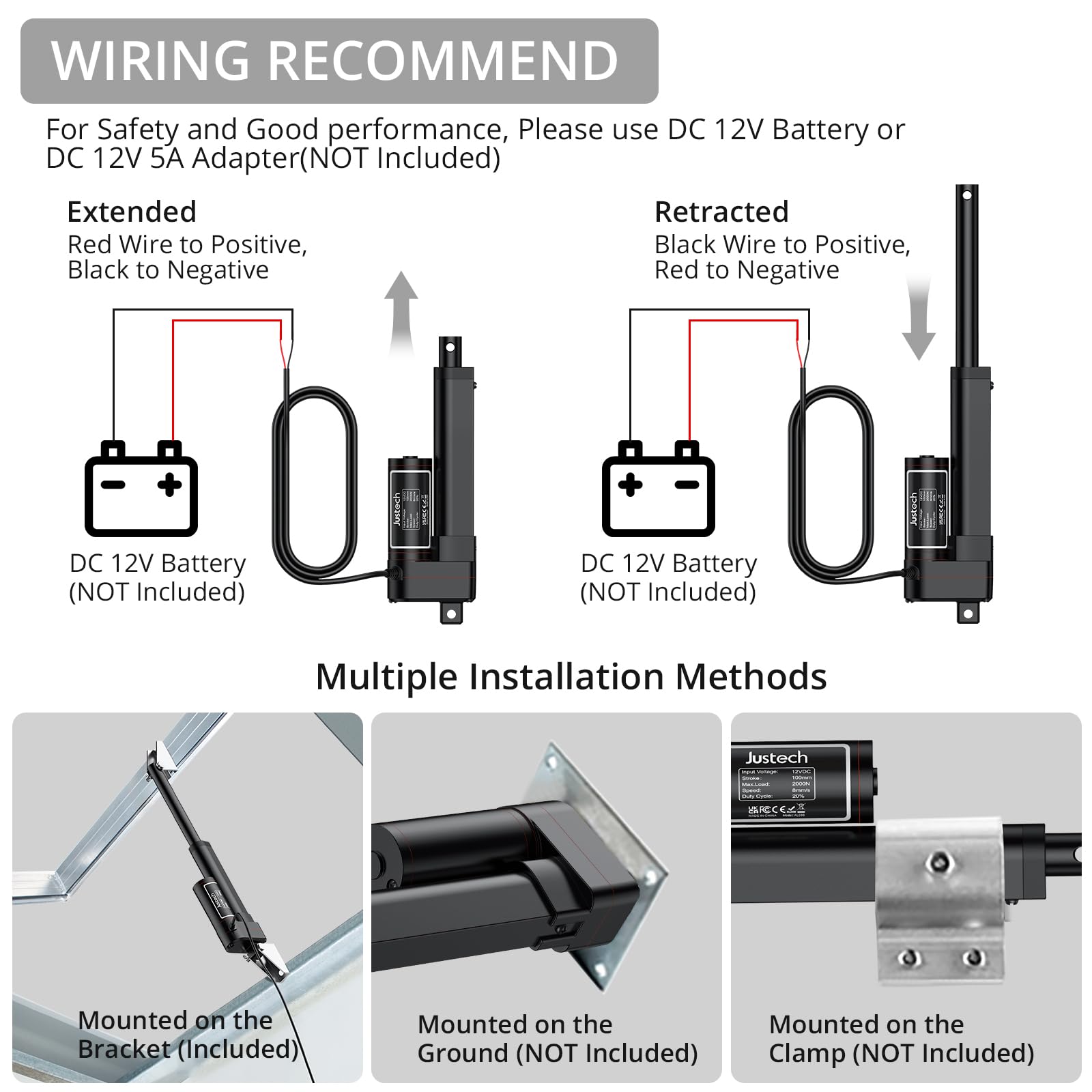 Justech Actuador Lineal 12V,Motor Actuador Lineal 2000N 100mm,Impermeable IP54,Aleación de Aluminio para Equipos Médicos,Línea de Producción,Mesa Elevadora,Sofá