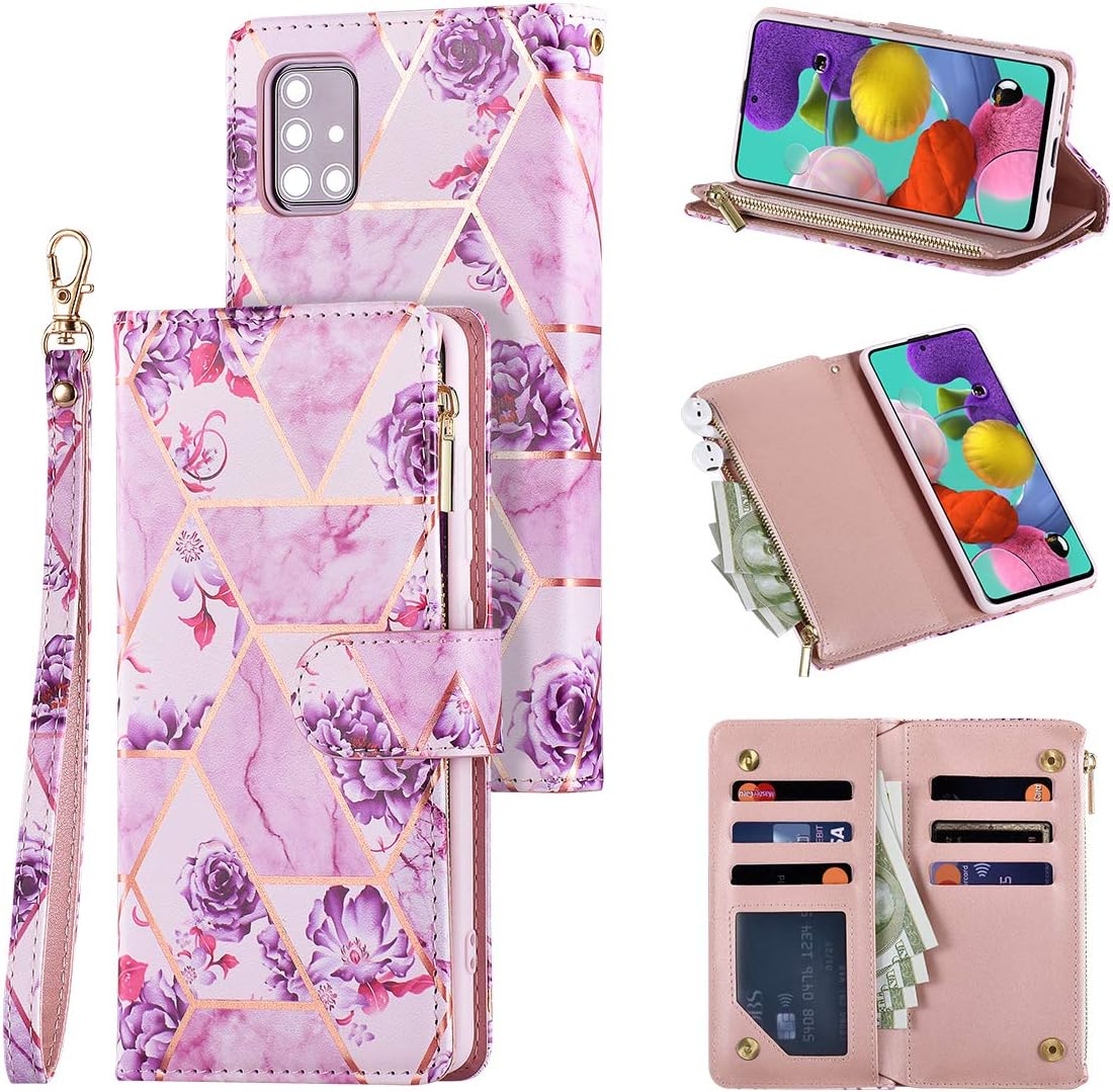 UEEBAI Wallet Case for Samsung Galaxy A41, PU Leather Case Magnetic Closure Handbag Zipper Pocket Case Kickstand Card Slots with Hand Strap Marple Flip Case for Women - Purple Flower