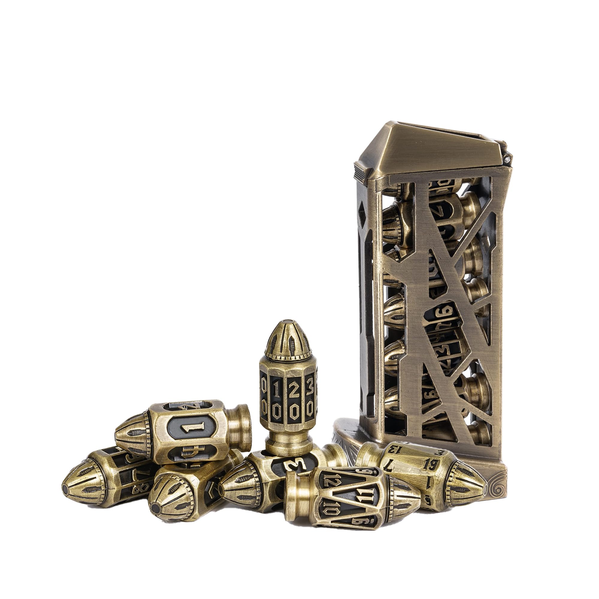 UDIXI Juego de Dados de Bala DND de Metal, Juego de Dados de Metal poliédrico de 7 Troqueles con contenedor único para D&D, Juegos de rol u Otros Juegos de Mesa (Bronce Antiguo)