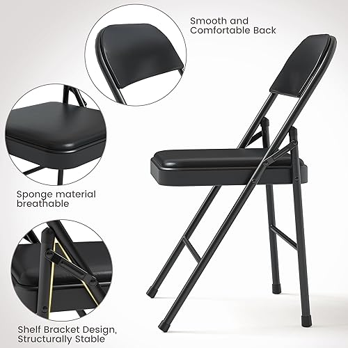 Miniatura 8 de GAOMON Juego de 4 sillas plegables tapizadas de poliuretano con marco de metal que soportan hasta 350 libras, sillas plegables portátiles negras