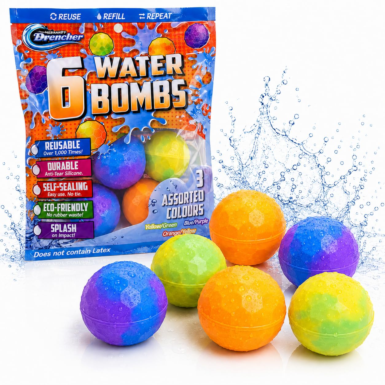 Henbrandt 2x Packs of 6 Reusable Water Balloons, Quick-Fill Water Bombs