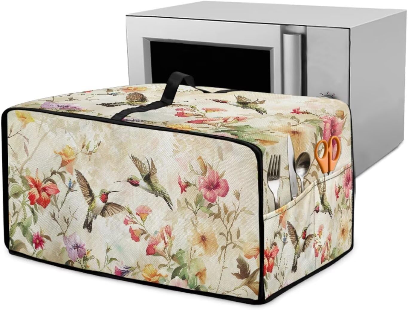 Hummingbird Flower Print Toaster Oven Dust Cover for Kitchen Counter, Dust-proof Scratch-resistant Toaster Oven Protective Cover with Storage Pockets ((Medium-16.1×19.71×10 inches)