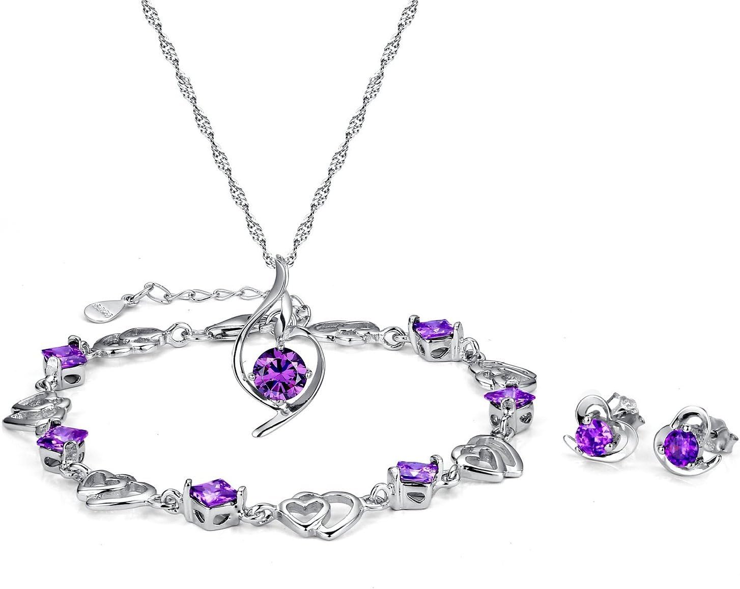 Set Of Sterling Silver Purple Gentle Angels Pendant Necklace+Matching Stud Earrings+Matching Bracelet, 18'' Chain