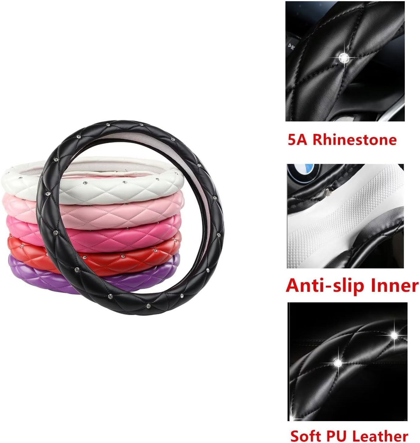 Car Steering Wheel Cover with Bling Rhinestones PU Leather Anti-Slip 15 Inch Car Wheel Protector for Women Girl Universal Fit Black Red
