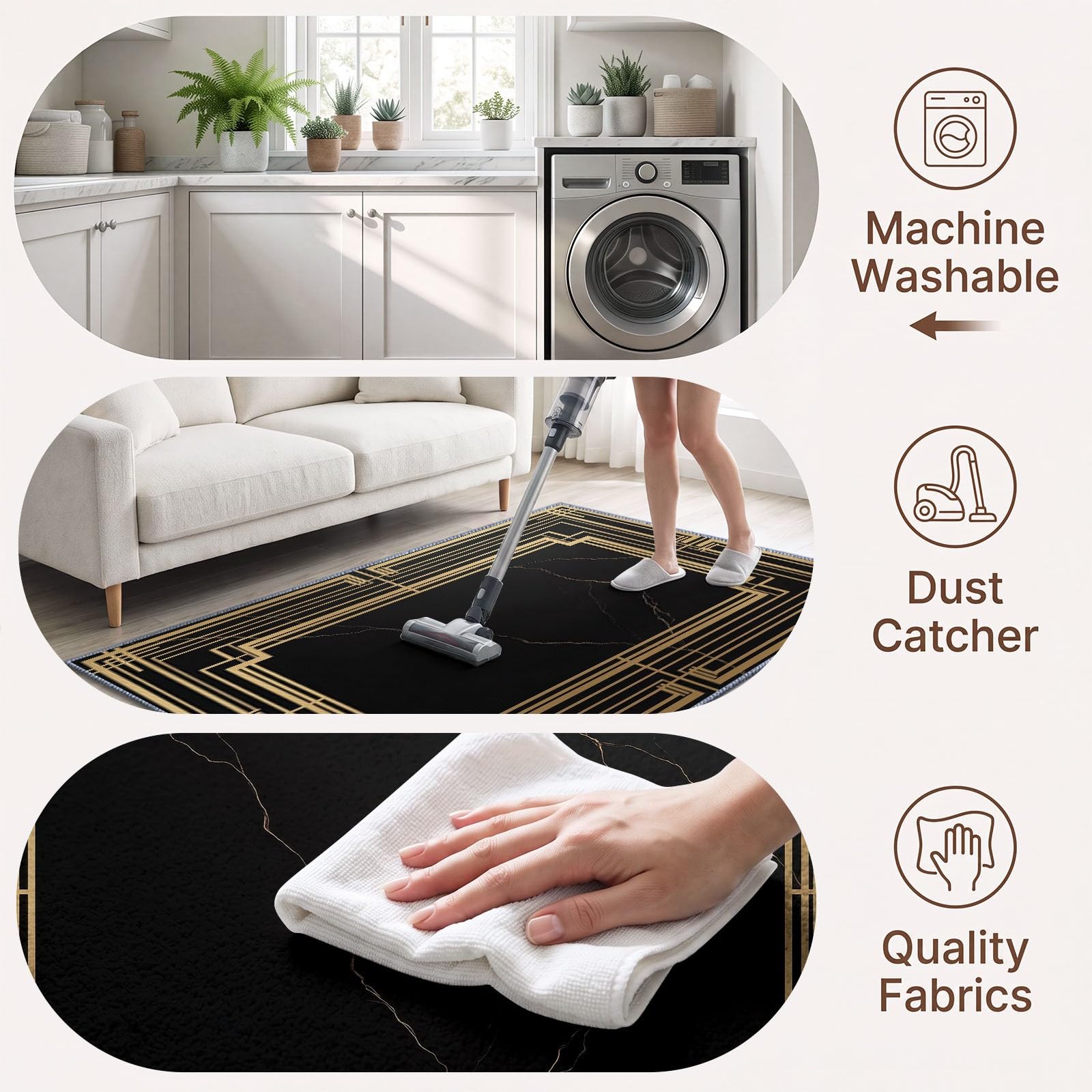 Luxe Moderne Grand Tapis Salon Antidérapant Lavable en Machine 180x240cm, Poil Ras Doux Bordure Marbre Noir Tapis pour Salle a Manger Bureau Cuisine Decoration Chambrel