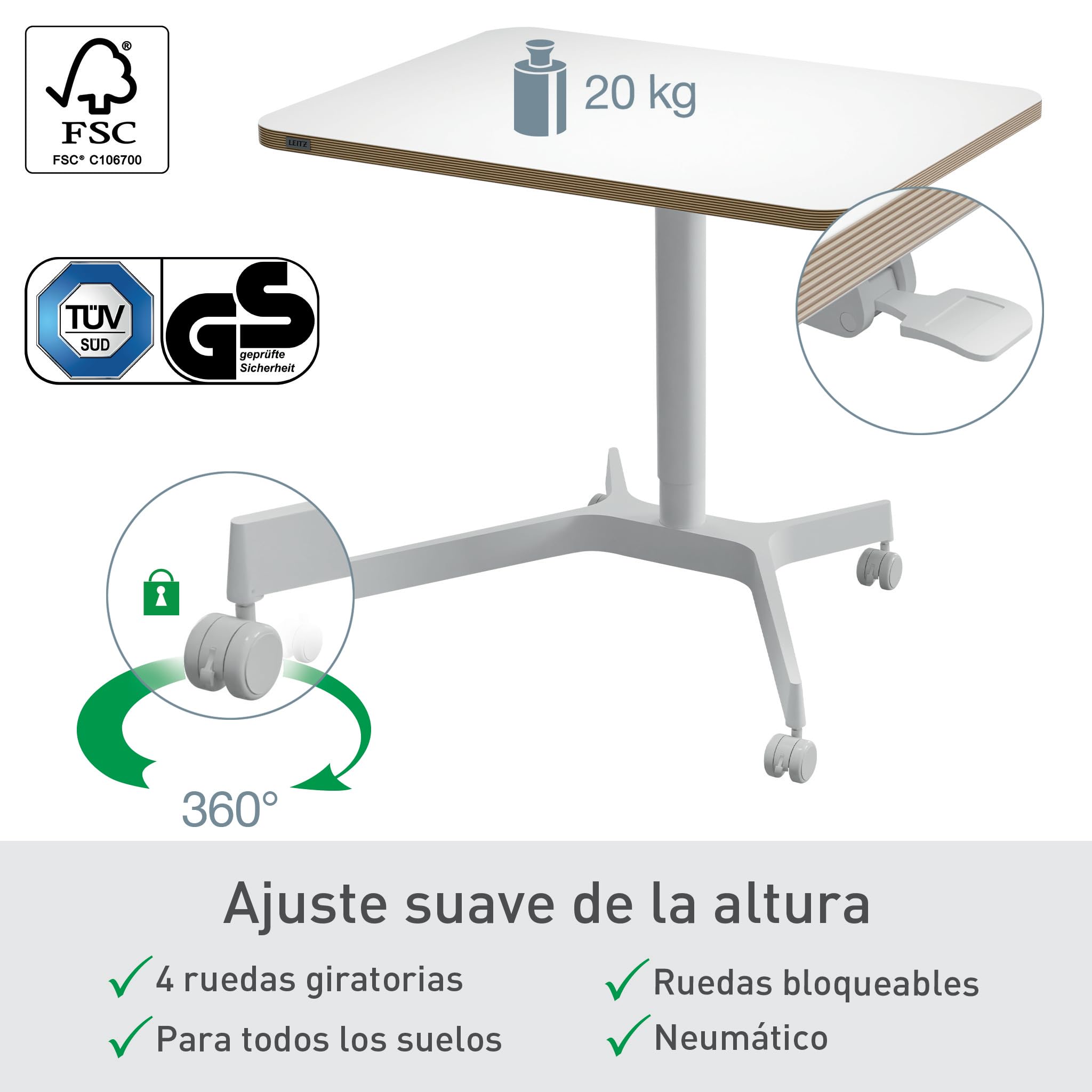 Leitz 65360001 - Escritorio Ergo Elevable Compacto, Ajuste de Altura Mediante Mecanismo Neumático, Carga de Hasta 20 kg y Ruedas Integradas, 80 cm x 60 cm, Gama Ergo, Manual Blanco