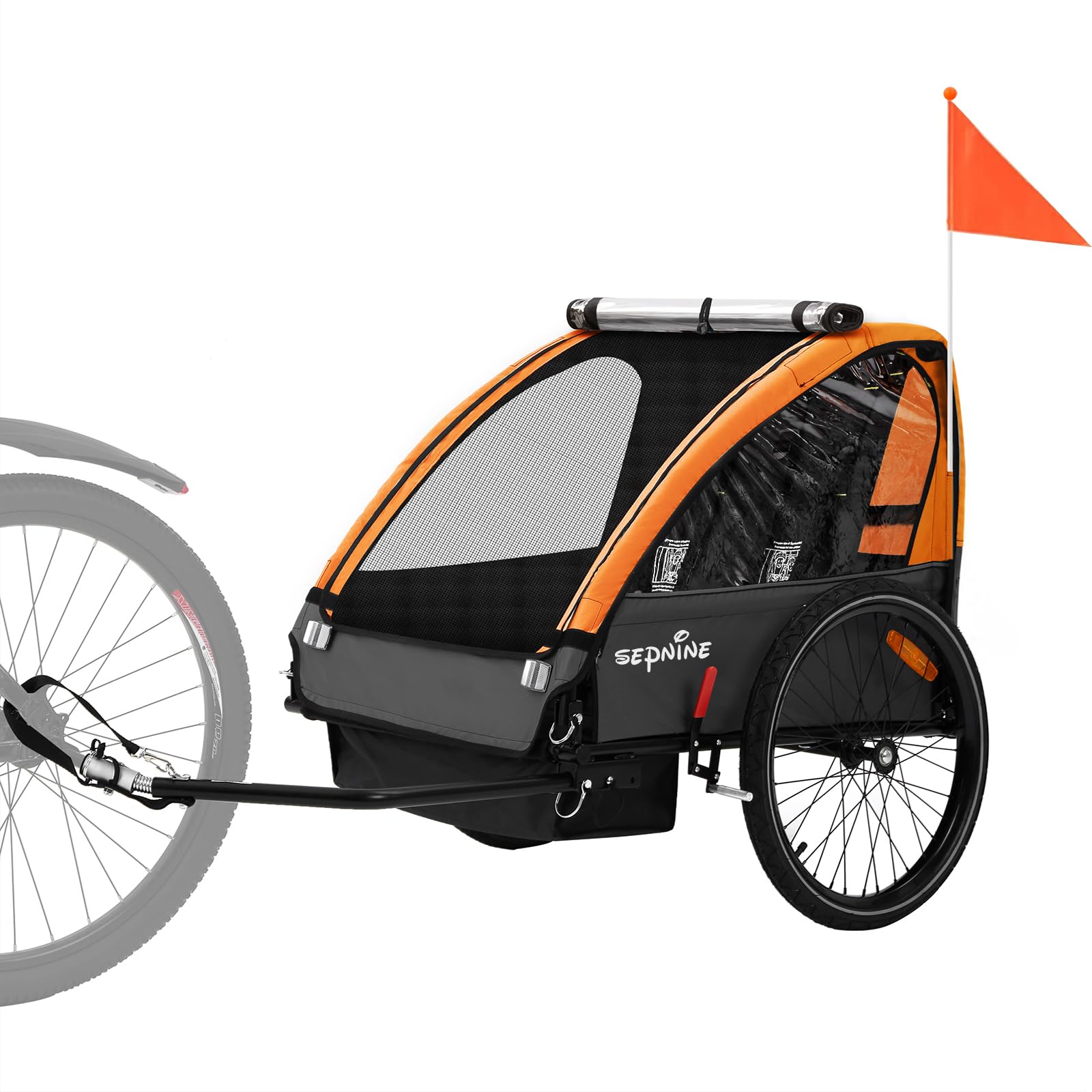 SEPNINE Remorque vélo Enfant, Remorque Enfant,Biplace Enfants Tout-Terrain Pliable avec Frein à Main Orange