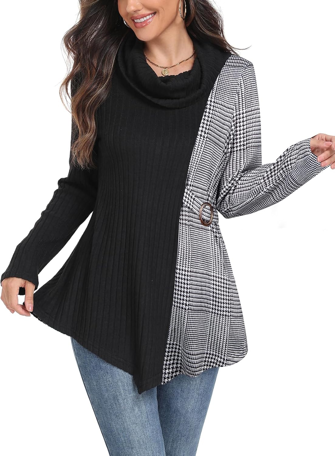 SeSe Code Cowl Neck Tunic Sweater for Women Lightweight Long Sleeve Tunic Tops for Leggings with Asymmetric Hem Knit Pullover - Image 3