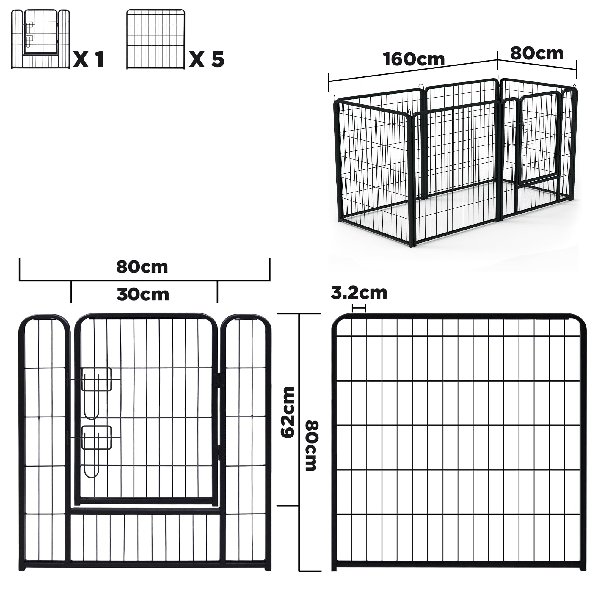 Aufun 6-Gitter Freilaufgehege Welpenauslauf faltbares Tierlaufstall, Automatische Verriegelung, Laufgitter Welpenfreigehege Hundegehege mit Tür für Hunde, Kaninchen, Kleintiere, Katze, je 80x80cm