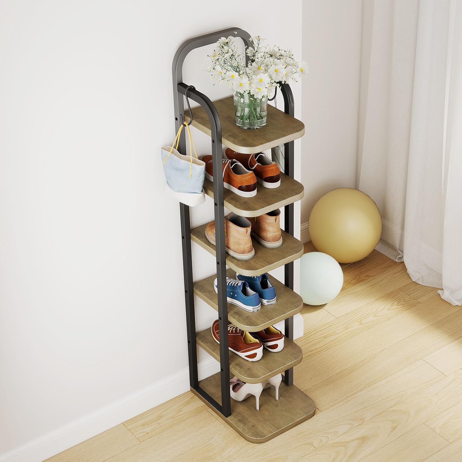 ITEFDTUTNE 6 Tiers Vertical Shoe Rack, Narrow Shoe Tower Adjustable Shelves Wooden Tall Shoe Rack with 2 Hooks, Corner Shoe Storage Organizer for Small Spaces, Entryway, Living Room