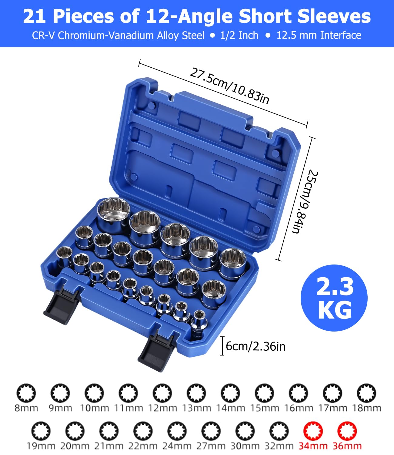 Bixury Chiavi a Bussola Femmina 12 Denti 1/2 8-36 mm 21 Pezzi Set di chiavi a bussola a 12 punte Chiavi a Bussola Multidenti da 1/2" con Custodia
