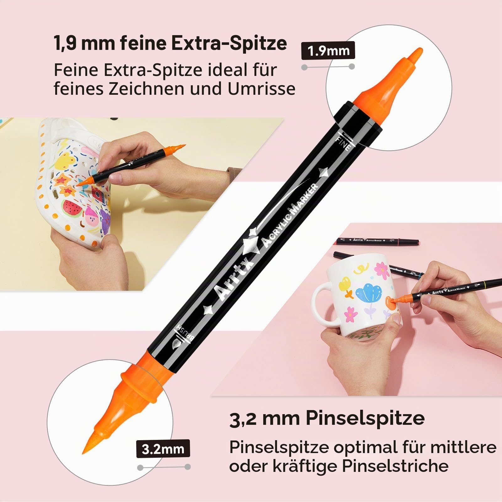 Arrtx Acrylfarben-Marker, 64 Farben, Doppelspitze, Acrylfarbstifte mit feiner Spitze und Pinselspitze, Kunstbedarf für Steinmalerei, Holz, Keramik, Stoff, Glas, Kartenherstellung, DIY Handwerk