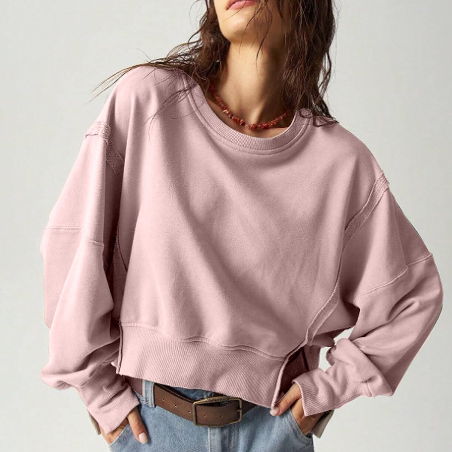 EGUGYDW Womens Crewneck Sweatshirts Cropped Long Sleeve Side Slit Loose Fit Teen Girls 2025 Fall Crop Pullover Tops - Image 2