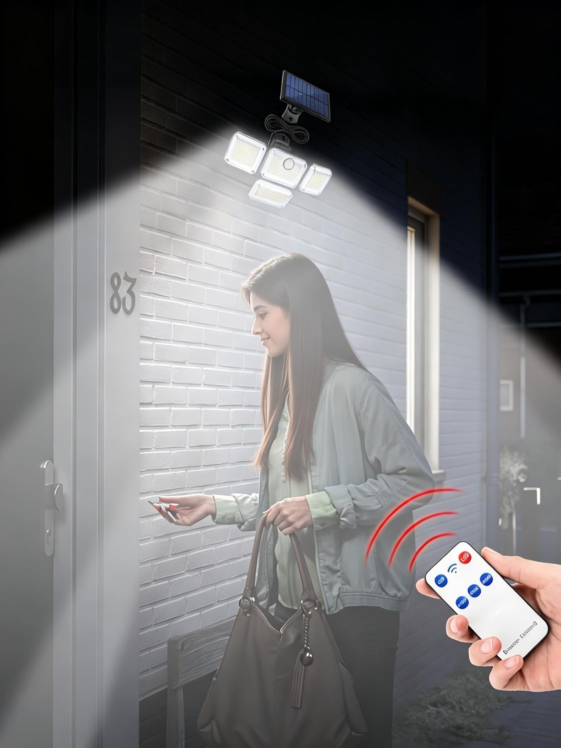 EQUEEN Solar Outdoor Lights with Motion Sensor, 333 LEDs Wide Angle Solar Lights, 3 Modes Solar Lights 270°, Daylight White Remote Control, Waterproof Wall Light for Garage, Garden & Yard