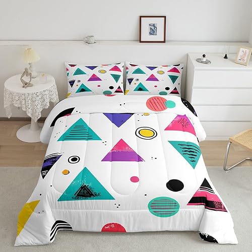 Miniatura 23 de Juego de edredón de estilo de moda de los años 80 y 90, tamaño Queen, patrón retro de estilo Memphis con formas geométricas, juego de ropa de cama