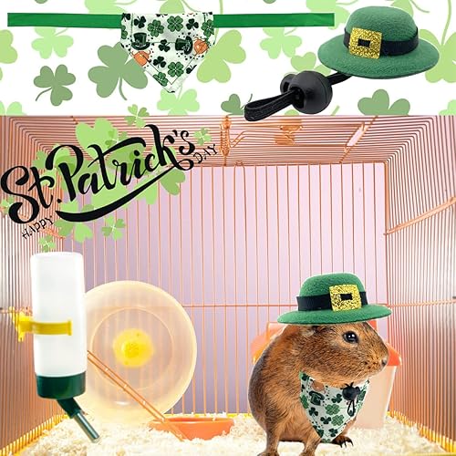 Miniatura 3 de CooShou Sombreros y bandanas para el Día de San Patricio, 4 piezas, sombrero de bolero de conejo con decoración de trébol, conejo, hámster, bandana