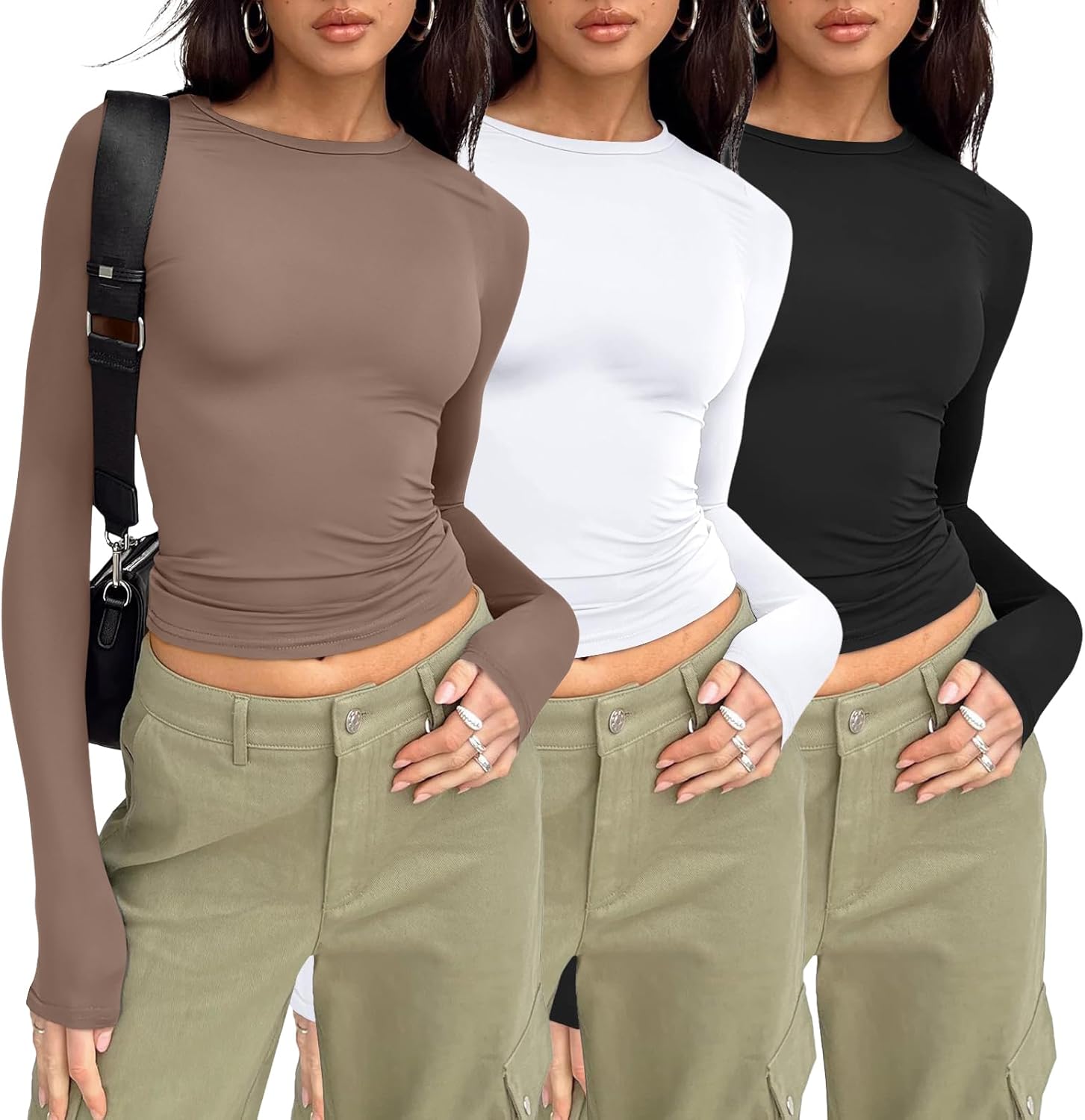 AUTOMET 3-Pack Women's Long Sleeve Crop Tops - Basic Fitted T-Shirts Set