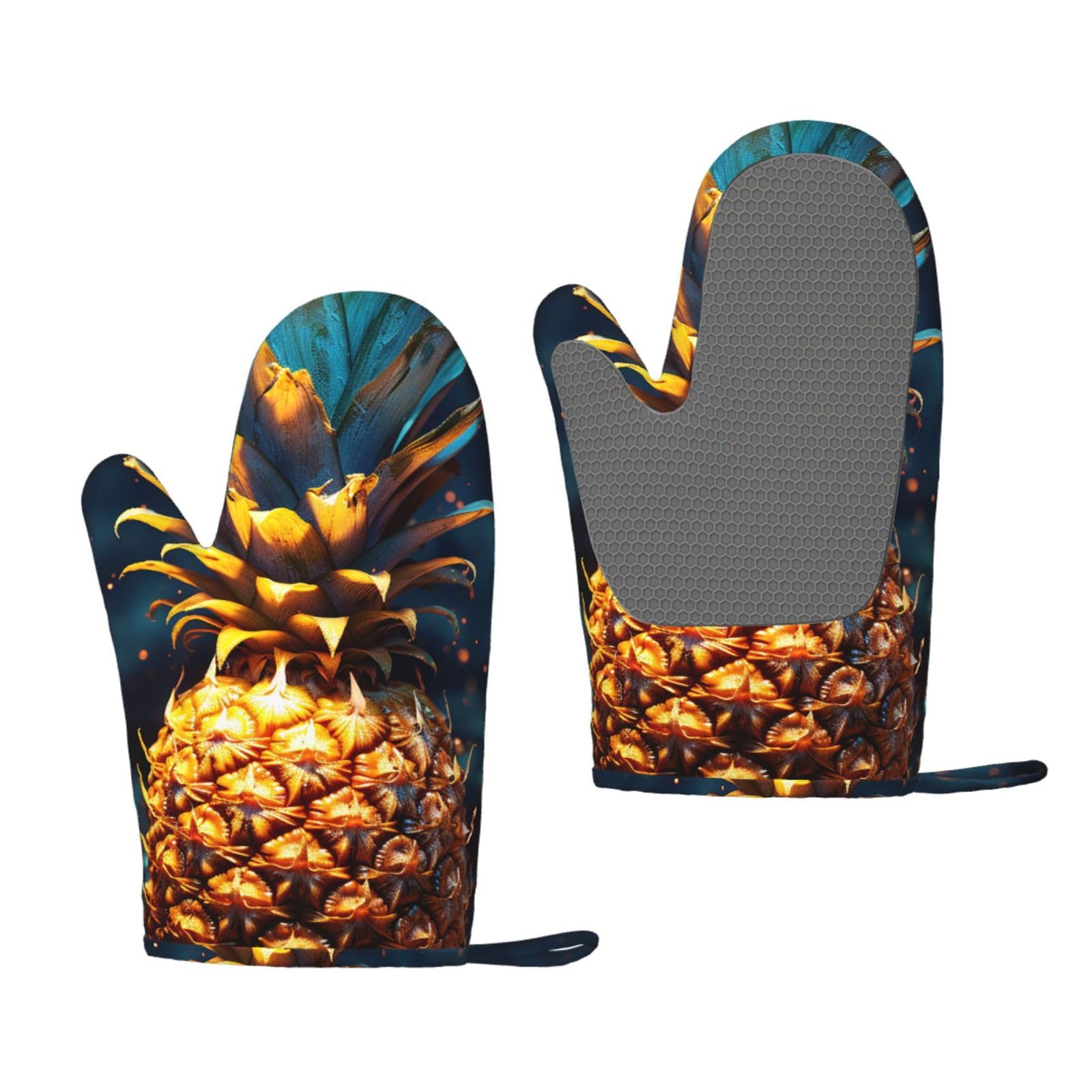 Oven Mitts Sets of 2 Heat Resistant Kitchen Gloves Flickering Pineapple Oven Mitts BBQ Oven Gloves Non-Slip Silicone Oven Mitts Waterproof Cooking Safety Gloves for Kitchen Baking Cooking