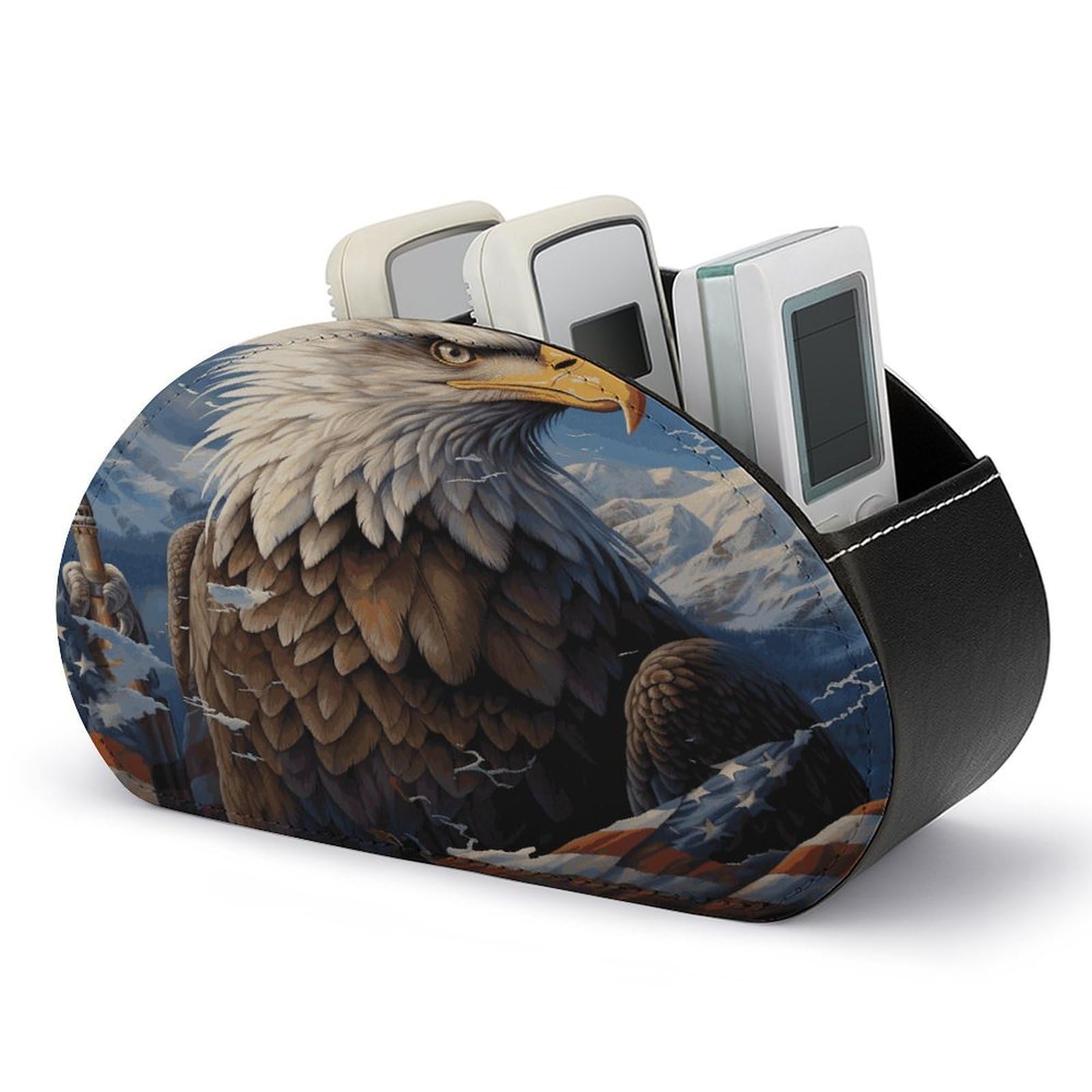 LZQPOEAS Eagle Remote Control Holder with 5 Compartments PU Leather Remote Organizer Box Caddy for Table Nightstand Remote Caddy Desktop Organizer Fits Media Controllers