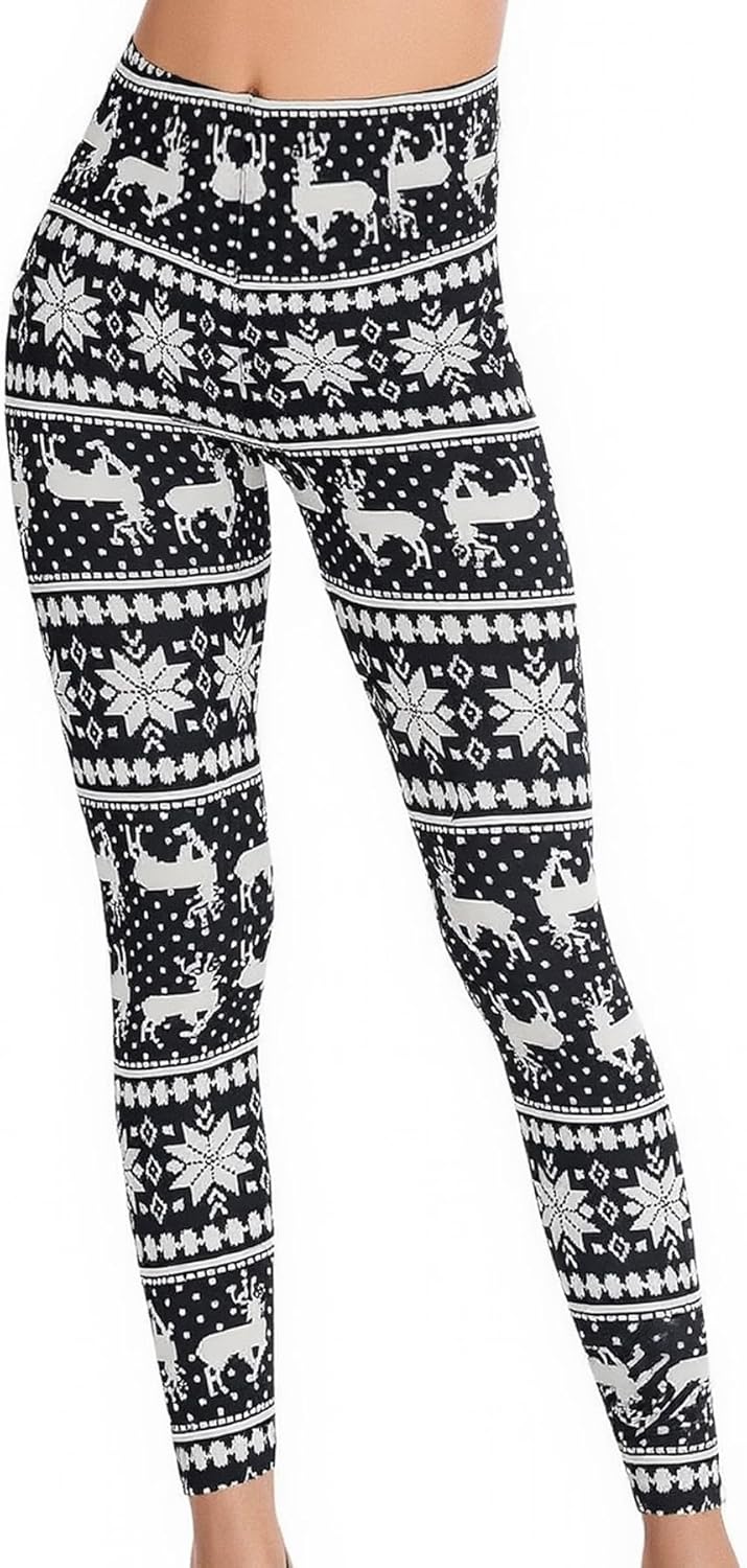 Christmas Leggings for Women Soft Tummy Control High Waisted Brushed Plus Size Pants White Reindeer Print XL - Image 2
