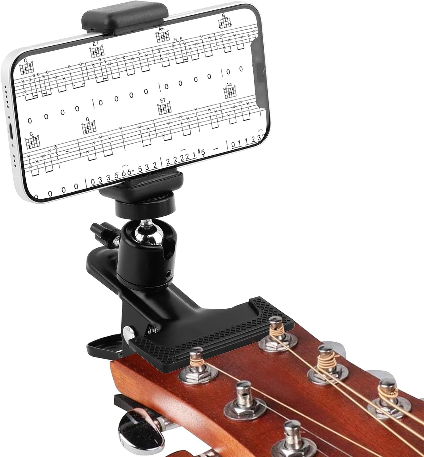 Guitar Head Phone Holder Mount,with 360° Rotate Guitar Phone Mount and 1/4 Ball Head Adapter,for 5.5cm-7.5cm Phone,Guitar Camera Clamp Mount Clip for Electric Guitar/Bass/Ukulele